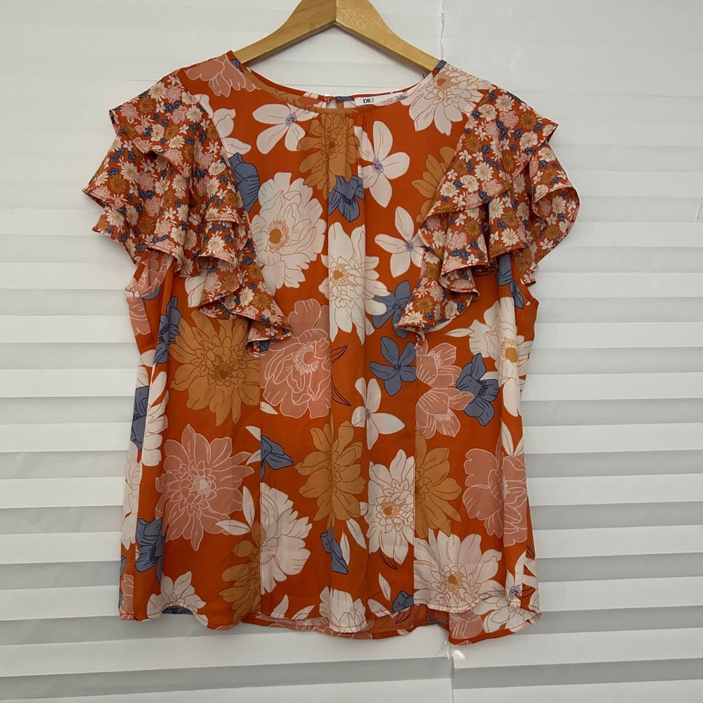 DR2 Womens XXL Floral Ruffle Sleeve Blouse Orange Pink Boho Summer‎
